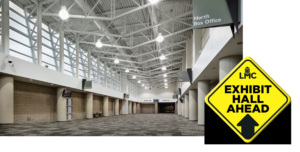 The Mayo Civic Center North Lobby is shown with an image of a directional sign that reads "Exhibit Hall Ahead"