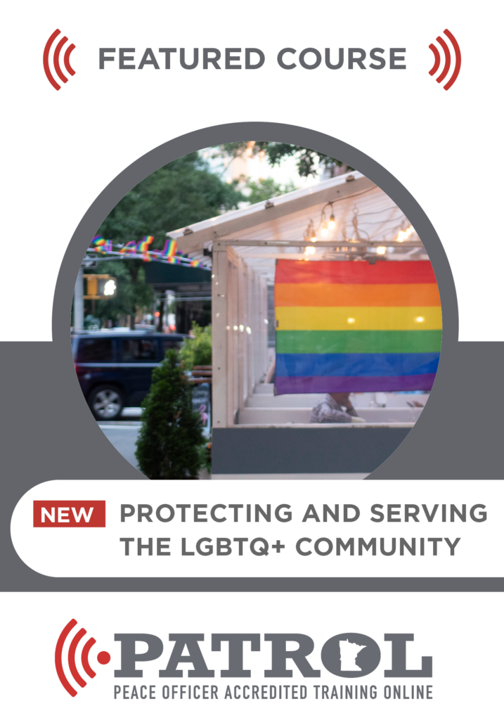 New course: Protecting and Serving the LGBTQ+ Community. Background image: a business displaying a rainbow flag in their outdoor dining area.