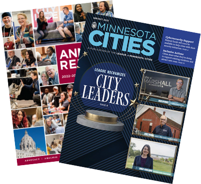 Image shows the covers of the 2022-23 League of Minnesota Cities Annual Report and the cover of the Sept.-Oct. 2023 Minnesota Magazine issue.