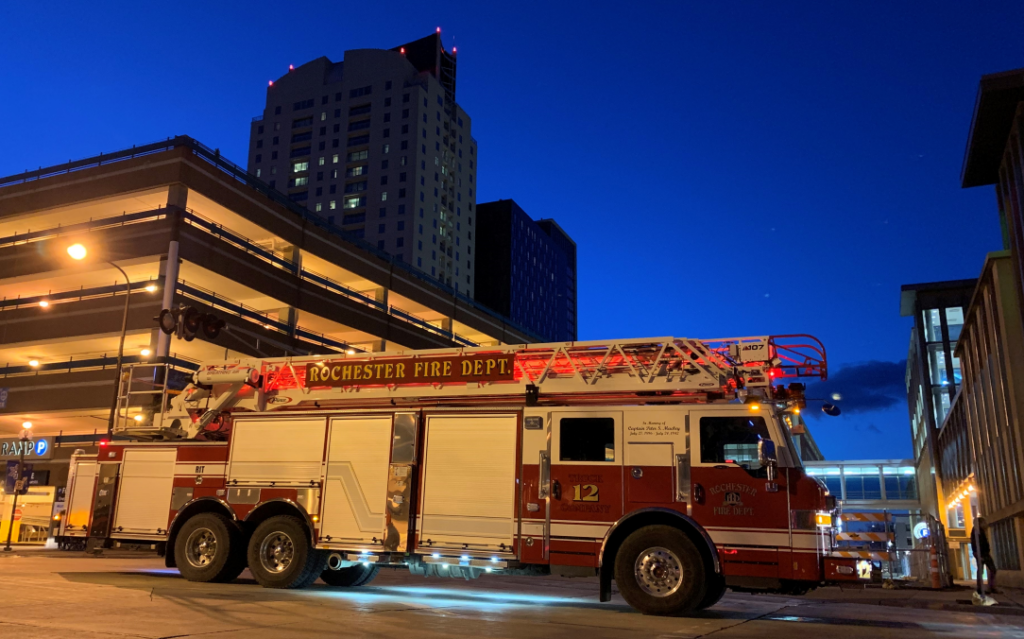 Rochester fire truck is shown driving through Rochester.