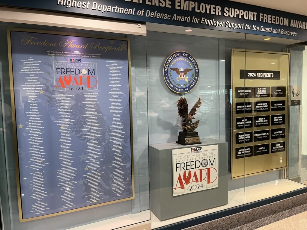 A permanent place displays winners of the 2024 Freedom Award, include the League of Minnesota Cities.