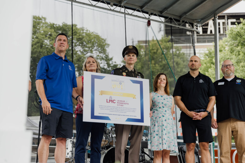 Members of the League of Minnesota Cities receive recognition for the ESGR Freedom Award during the 2024 Minnesota State Fair