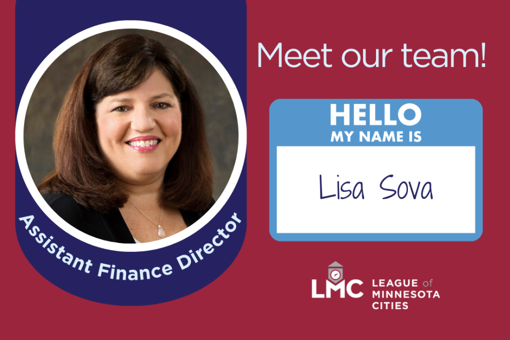 Canva graphic that shows Lisa Sova's title, headshot and a graphic with a name tag that shares Lisa Sova's name.