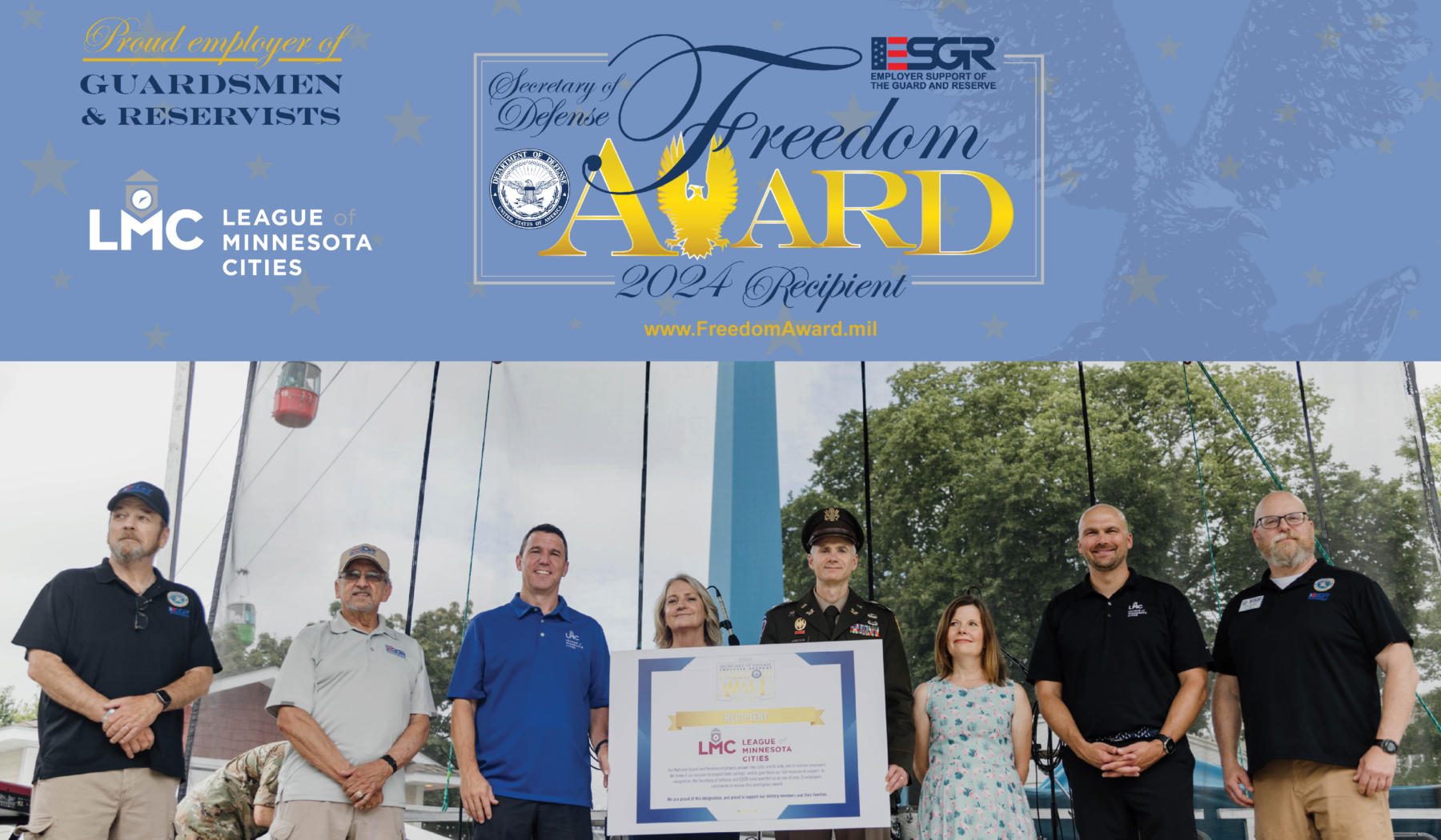 Members of the League of Minnesota Cities pose for a photo at the 2024 Minnesota State Fair as they are recognized as one of only 15 recipients of the ESGR Freedom Award nationwide. 