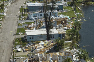 Mobile homes in Florida severely damaged by a hurricane,